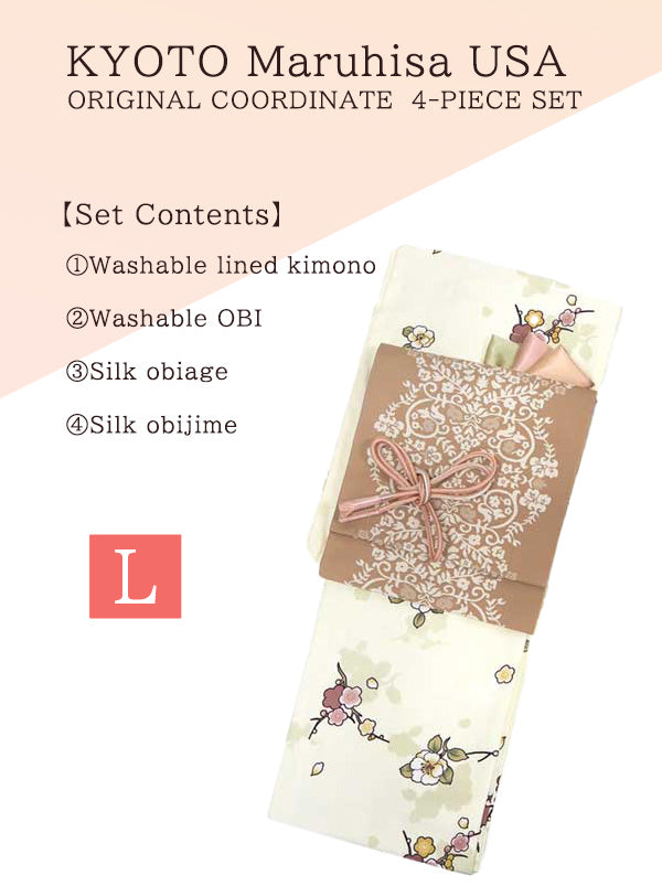 Washable Kimono tailored ORIGINAL COORDINATE ４PIECE-SET【L】（KIMONO with Plum blossoms, camellia pattern.）