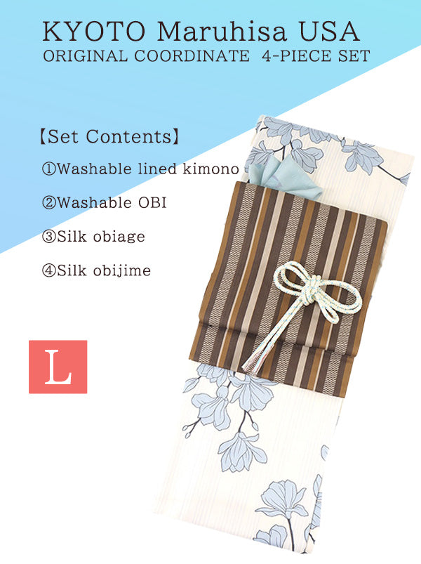 Washable Kimono tailored ORIGINAL COORDINATE ４PIECE-SET【L】（KIMONO with Striped, magnolia pattern.）