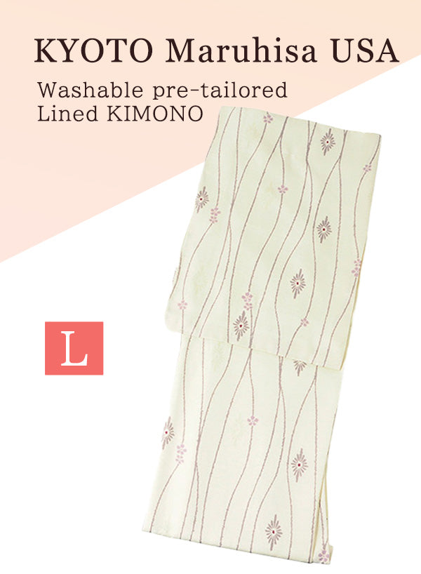 Washable pre-tailored Lined KIMONO【L】（Gray yoroke stripe with chrysanthemum lozenge pattern.）