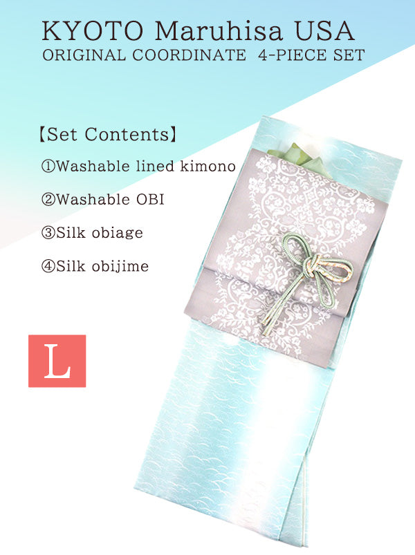 Washable Kimono tailored ORIGINAL COORDINATE ４PIECE-SET【L】（KIMONO with Pattern of dew grass.）