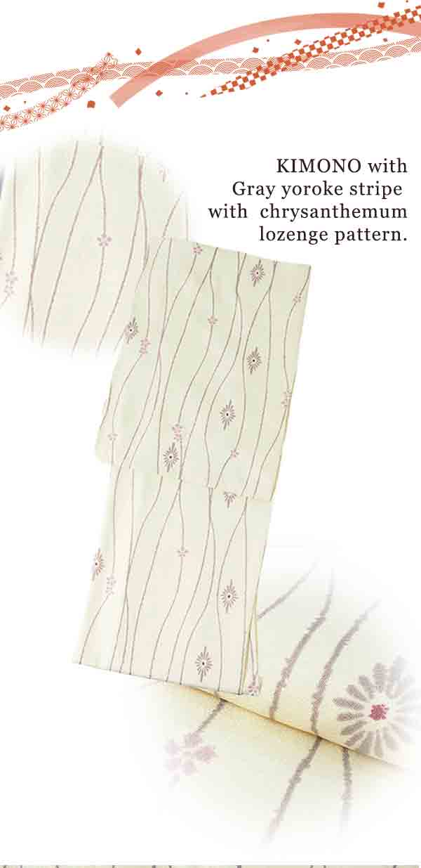 Washable pre-tailored Lined KIMONO【L】（Gray yoroke stripe with chrysanthemum lozenge pattern.）