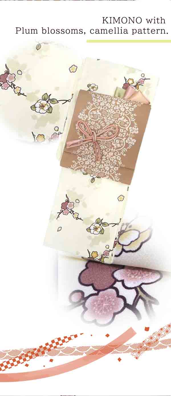 Washable Kimono tailored ORIGINAL COORDINATE ４PIECE-SET【L】（KIMONO with Plum blossoms, camellia pattern.）