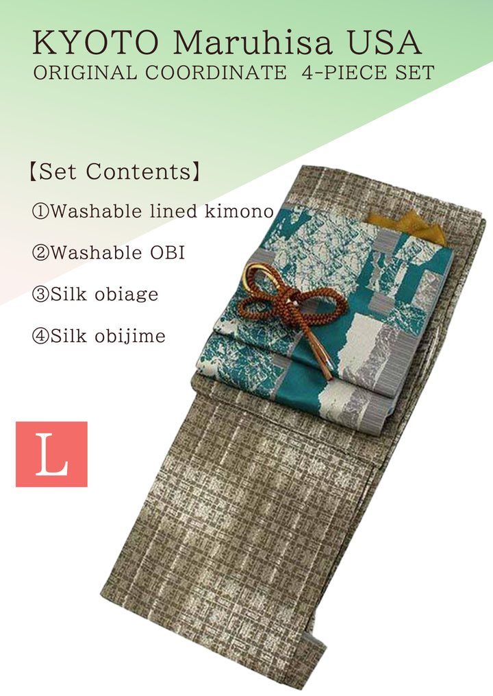 Washable Kimono tailored ORIGINAL COORDINATE ４PIECE-SET【L】（kimono with with a checkered patterns.）