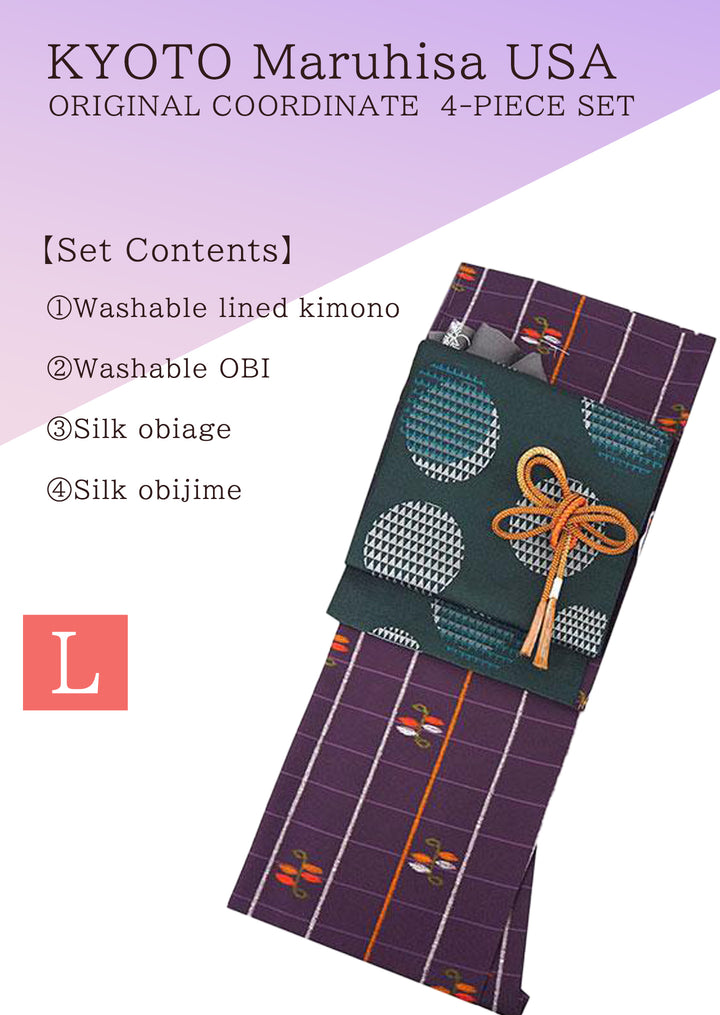 Washable Kimono tailored ORIGINAL COORDINATE ４PIECE-SET【L】（KIMONO with a lattice and floral pattern.）