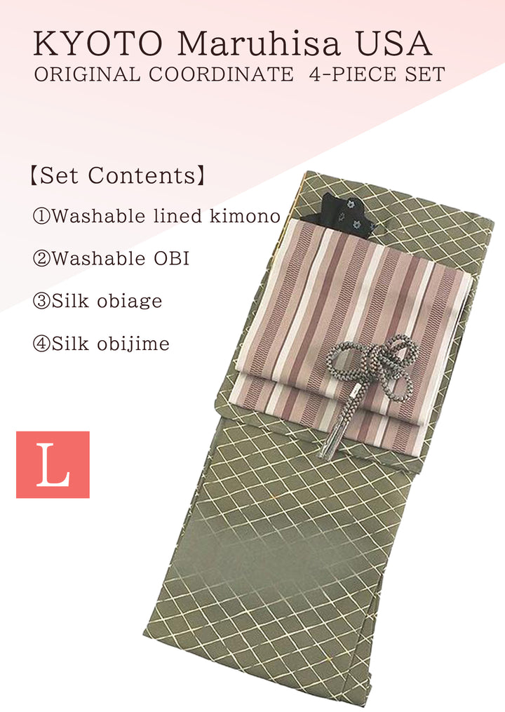 Washable Kimono tailored ORIGINAL COORDINATE ４PIECE-SET【L】（kimono with Diagonal lattice with blurred effect patterns.）