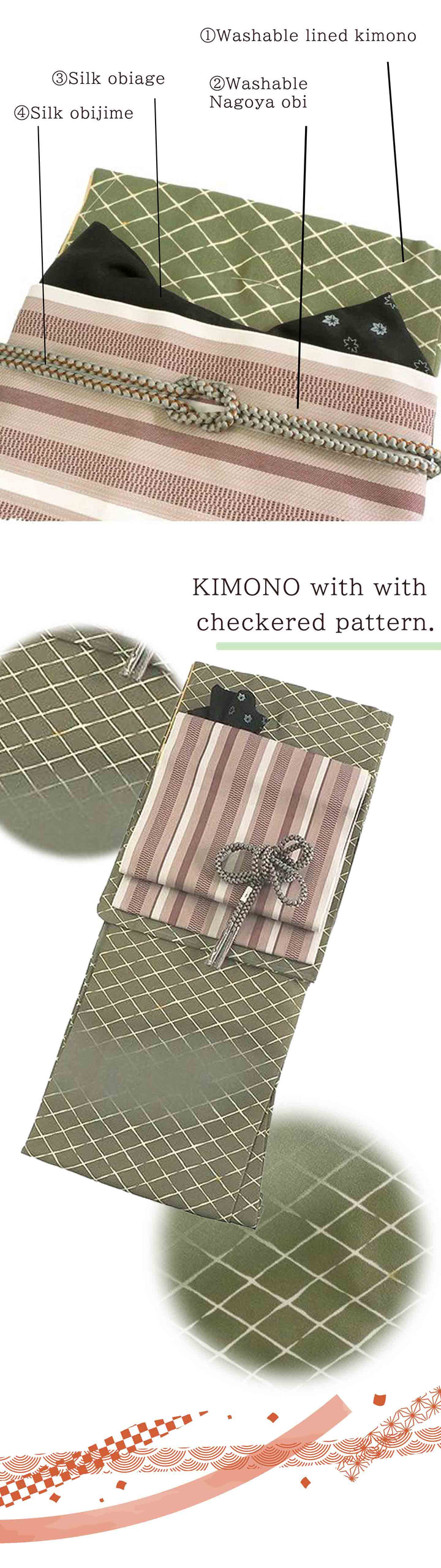 Washable Kimono tailored ORIGINAL COORDINATE ４PIECE-SET【L】（kimono with Diagonal lattice with blurred effect patterns.）