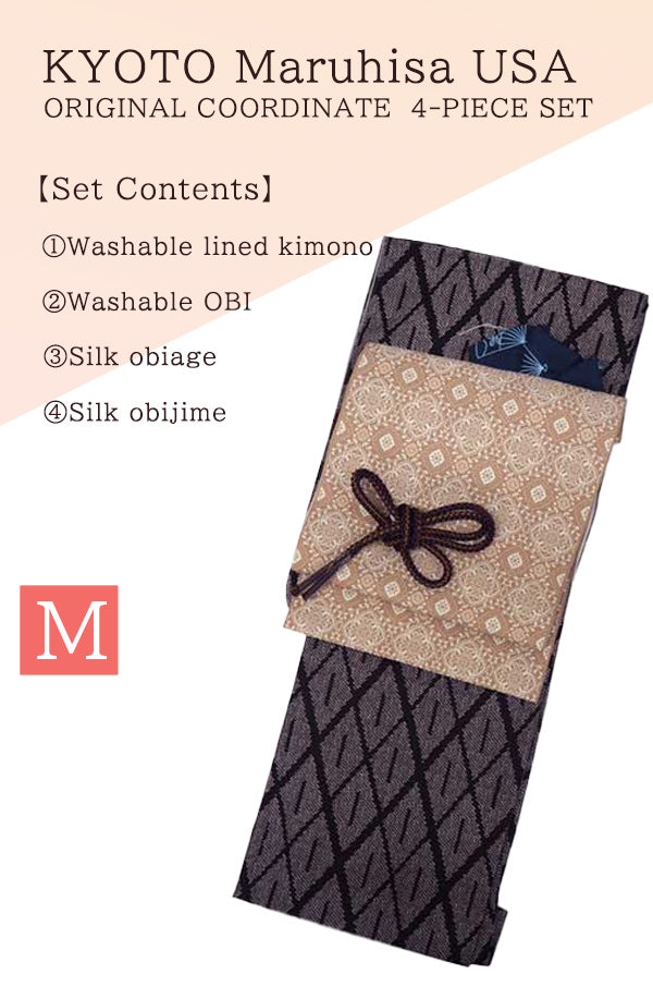 Washable Kimono tailored ORIGINAL COORDINATE ４PIECE-SET【M】（Kimono with Hikita Kanoko pattern, diamond-shaped pattern.）