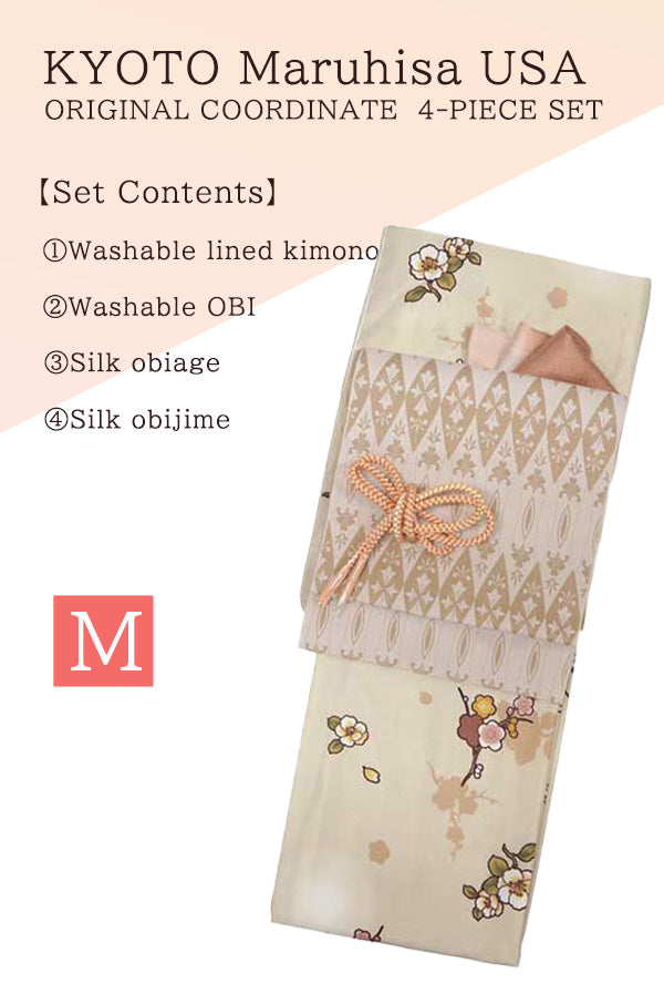 Washable Kimono tailored ORIGINAL COORDINATE ４PIECE-SET【M】（Kimono with Plum blossoms, camellia pattern.）