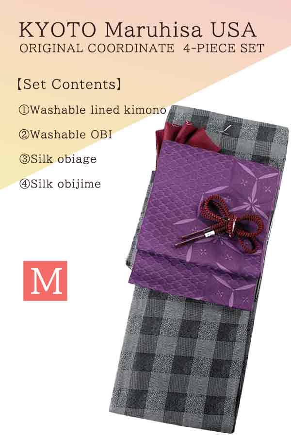 Washable Kimono tailored ORIGINAL COORDINATE ４PIECE-SET【M】（Kimono with Checked plaid pattern.）