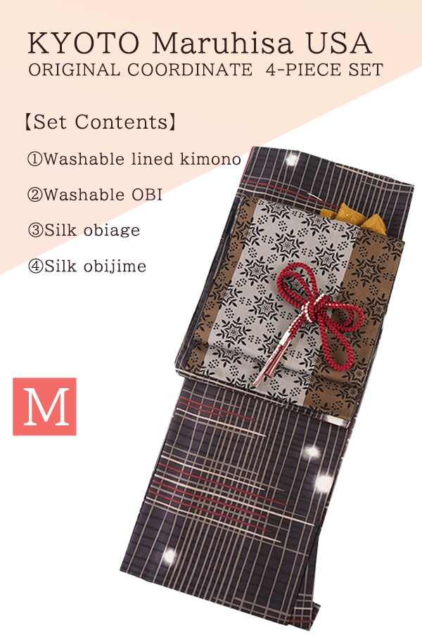 Washable Kimono tailored ORIGINAL COORDINATE ４PIECE-SET【M】（Kimono with Lattice, firefly grapevine pattern.）