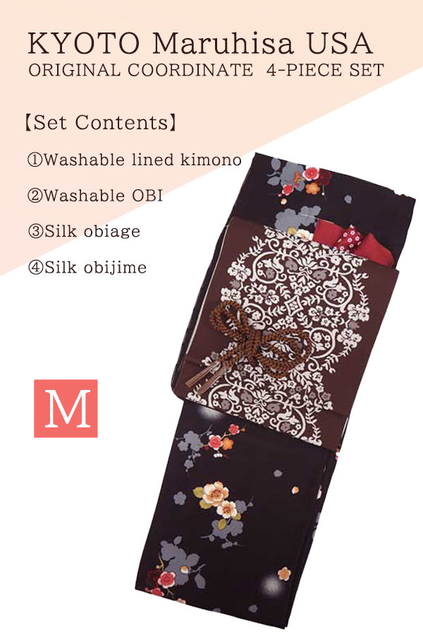 Washable Kimono tailored ORIGINAL COORDINATE ４PIECE-SET【M】（Kimono with Plum blossoms, camellia pattern.）