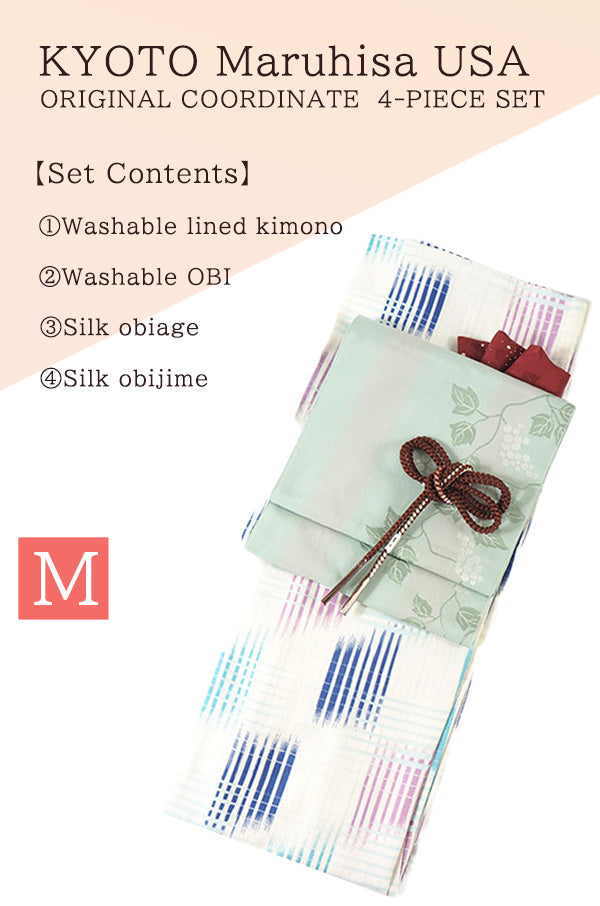 Washable Kimono tailored ORIGINAL COORDINATE ４PIECE-SET【M】（Kimono with Plaid pattern.）