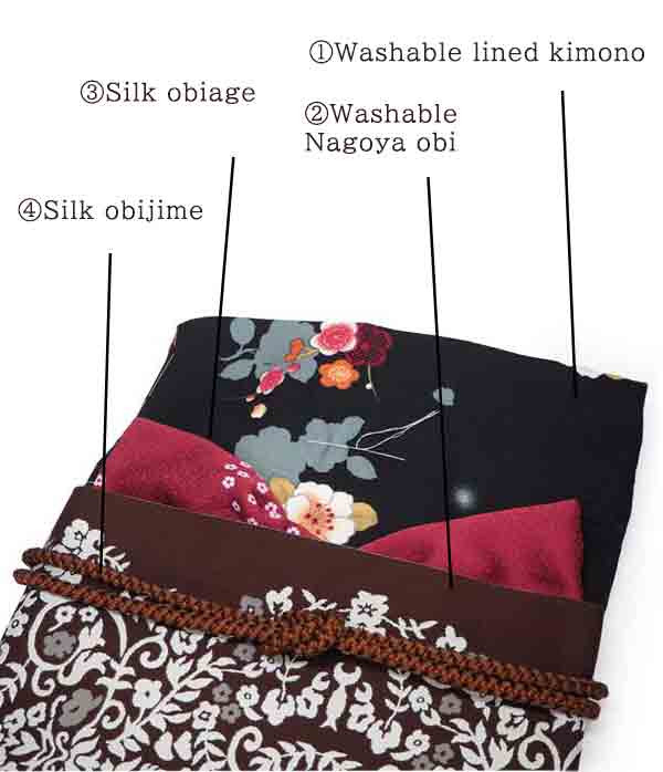 Washable Kimono tailored ORIGINAL COORDINATE ４PIECE-SET【M】（Kimono with Plum blossoms, camellia pattern.）