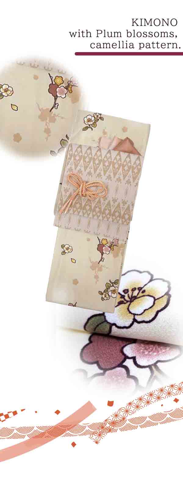 Washable Kimono tailored ORIGINAL COORDINATE ４PIECE-SET【M】（Kimono with Plum blossoms, camellia pattern.）