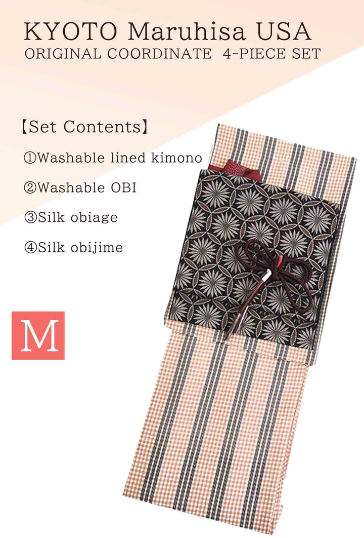 Washable Kimono tailored ORIGINAL COORDINATE ４PIECE-SET【M】（Kimono　with a fine lattice pattern and black stripes.）