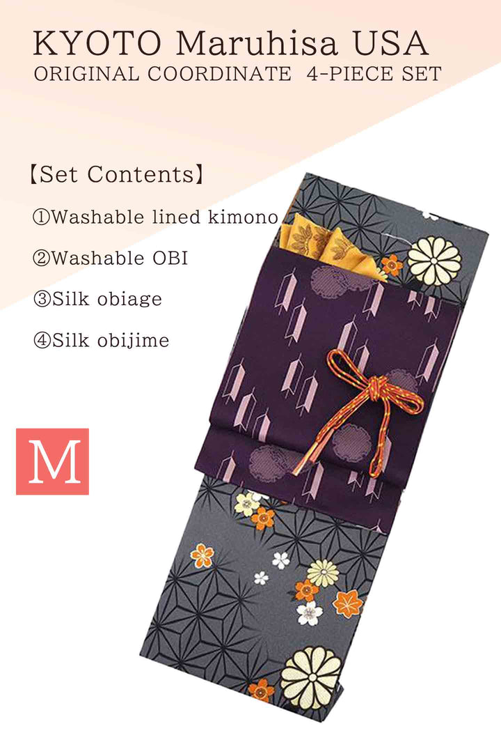 Washable Kimono tailored ORIGINAL COORDINATE ４PIECE-SET【M】（Kimono  with a pattern of hemp leaves, chrysanthemums, and cats.）