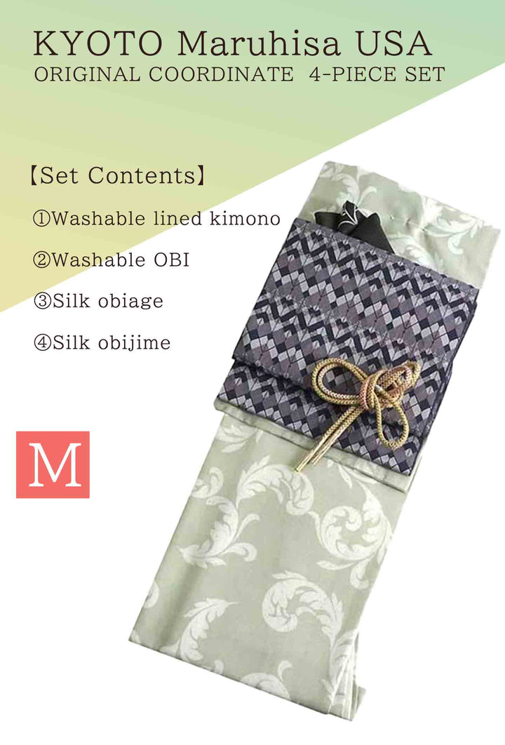 Washable Kimono tailored ORIGINAL COORDINATE ４PIECE-SET【M】（Kimono with a pattern of curled leaves.）