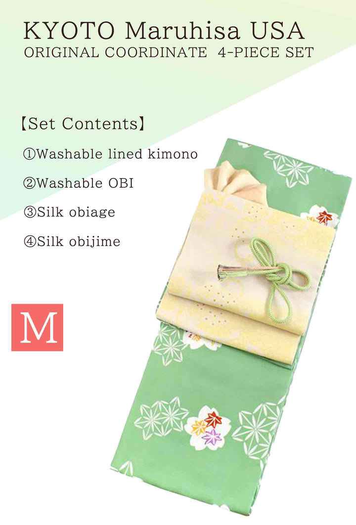 Washable Kimono tailored ORIGINAL COORDINATE ４PIECE-SET【M】（kimono with a hemp leaf, maple, and cherry blossom pattern.）