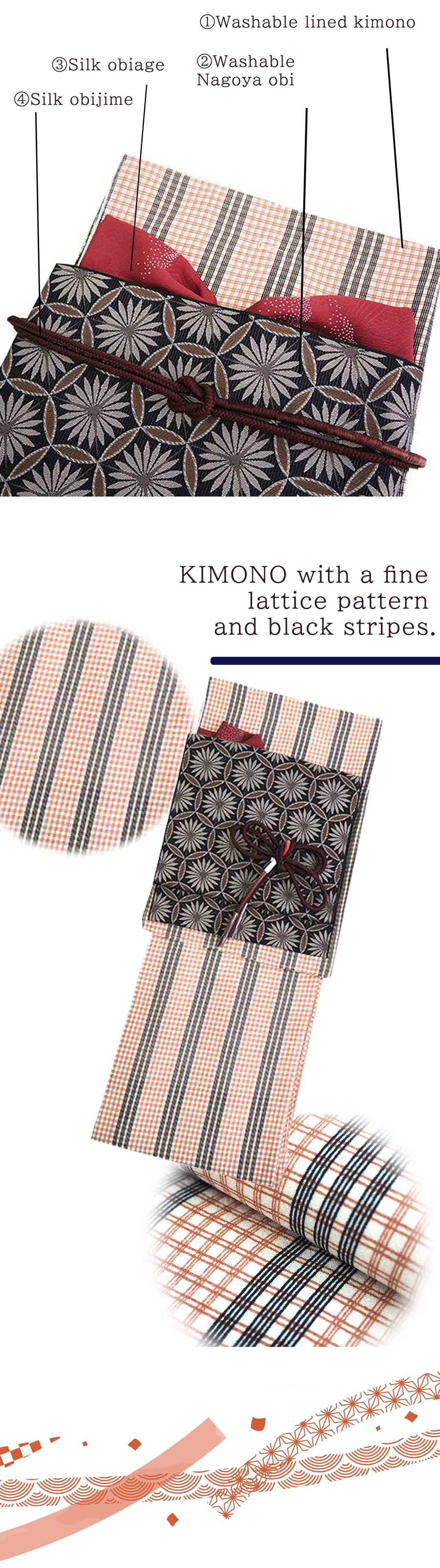 Washable Kimono tailored ORIGINAL COORDINATE ４PIECE-SET【M】（Kimono　with a fine lattice pattern and black stripes.）