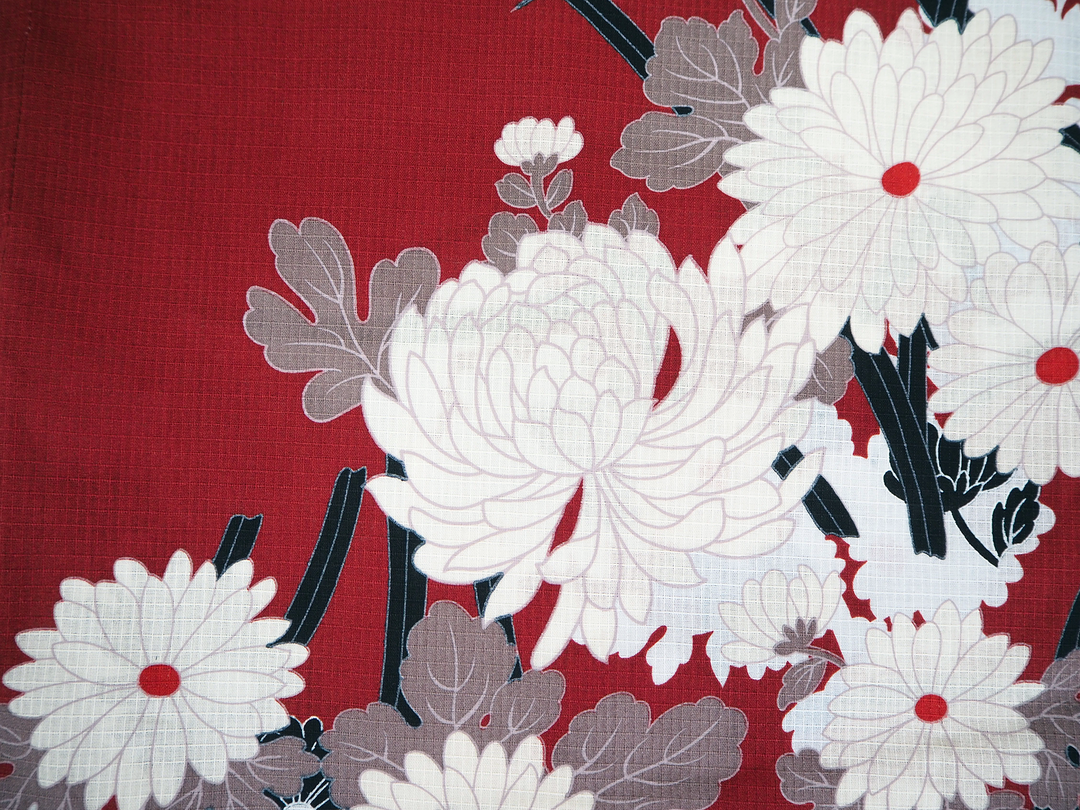 Women's Cotton Yukata, Casual Summer Kimono, Dark Red Chrysanthemum