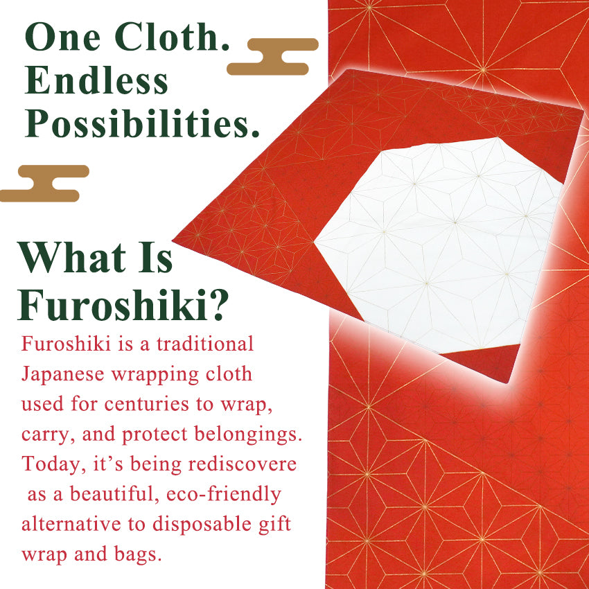 Japanese Furoshiki Wrapping Cloth – Asanoha Kikko Pattern, Red & White, Reusable Cotton, 27.6 x 27.6 in