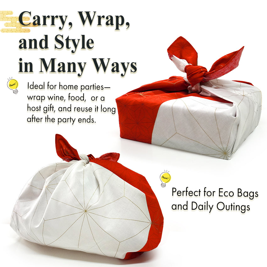 Japanese Furoshiki Wrapping Cloth – Asanoha Kikko Pattern, Red & White, Reusable Cotton, 27.6 x 27.6 in