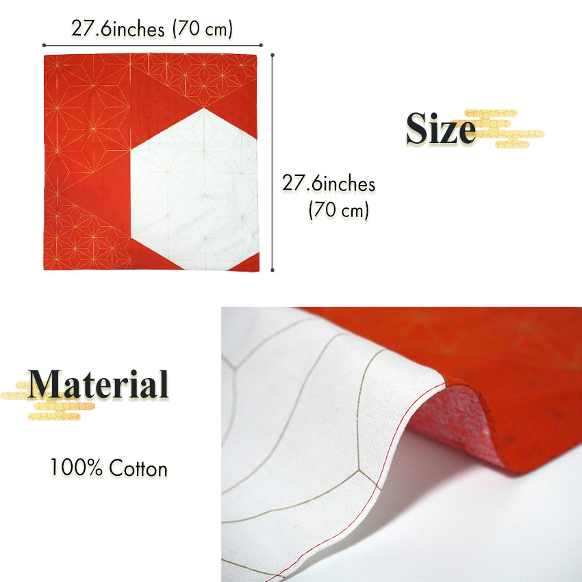 Japanese Furoshiki Wrapping Cloth – Asanoha Kikko Pattern, Red & White, Reusable Cotton, 27.6 x 27.6 in