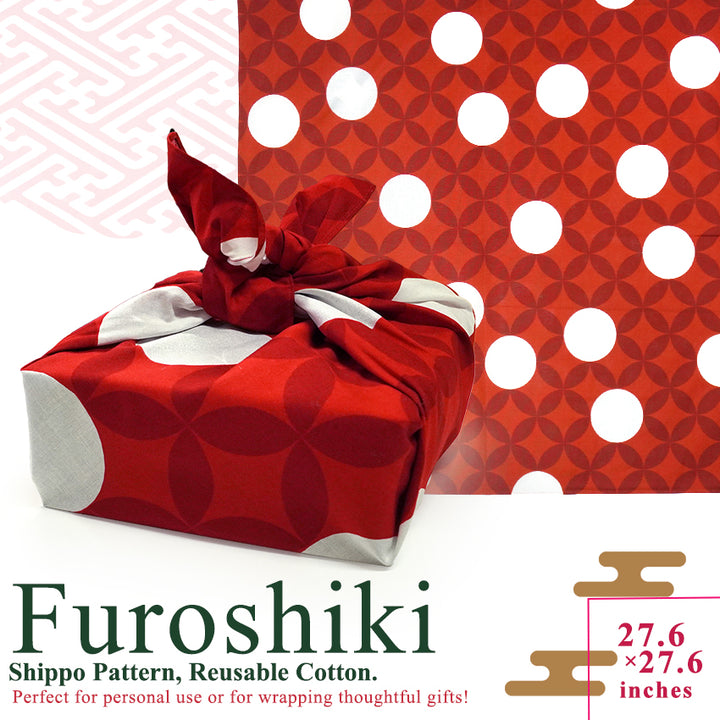 Japanese Furoshiki Wrapping Cloth – Shippo Pattern, Red & White, Reusable Cotton, 27.6 x 27.6 in