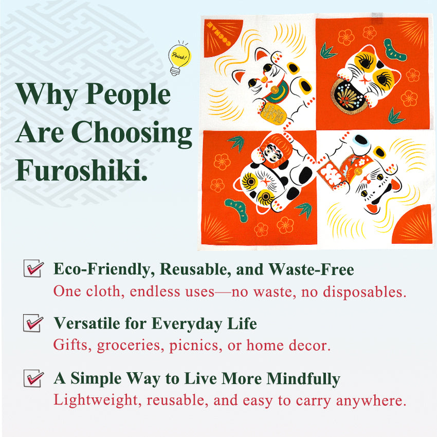 Japanese Furoshiki Wrapping Cloth – Maneki Neko Lucky Cat Design, Reusable Cotton, 18.9 x 18.9 in
