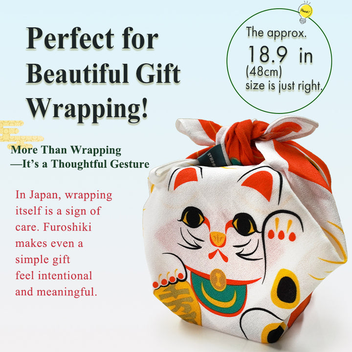 Japanese Furoshiki Wrapping Cloth – Maneki Neko Lucky Cat Design, Reusable Cotton, 18.9 x 18.9 in