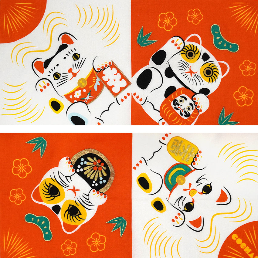 Japanese Furoshiki Wrapping Cloth – Maneki Neko Lucky Cat Design, Reusable Cotton, 18.9 x 18.9 in