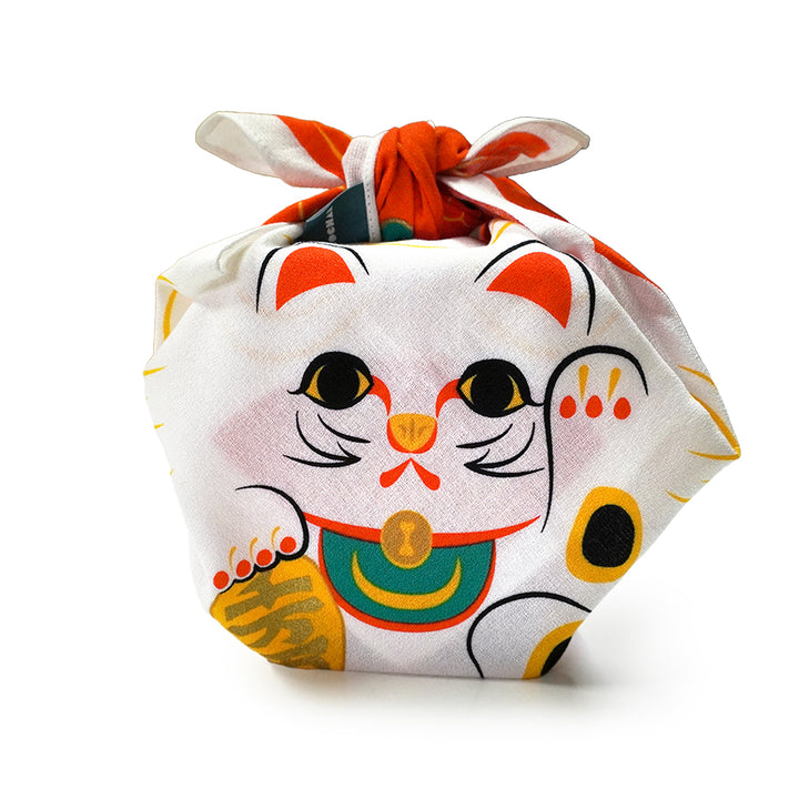 Japanese Furoshiki Wrapping Cloth – Maneki Neko Lucky Cat Design, Reusable Cotton, 18.9 x 18.9 in