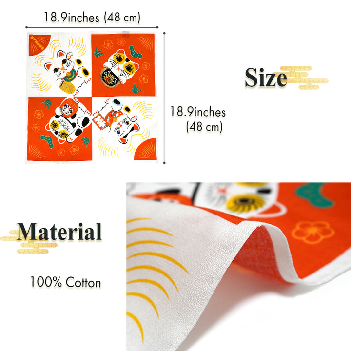 Japanese Furoshiki Wrapping Cloth – Maneki Neko Lucky Cat Design, Reusable Cotton, 18.9 x 18.9 in