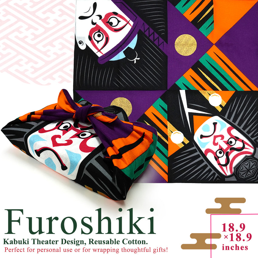 Japanese Furoshiki Wrapping Cloth – Kabuki Theater Design, Reusable Cotton, 18.9 x 18.9 in