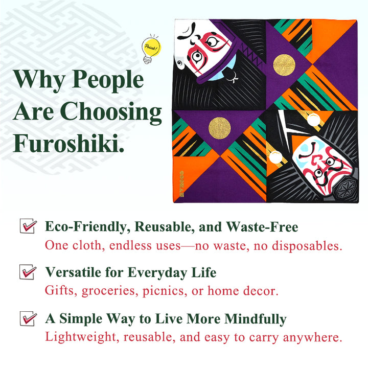 Japanese Furoshiki Wrapping Cloth – Kabuki Theater Design, Reusable Cotton, 18.9 x 18.9 in