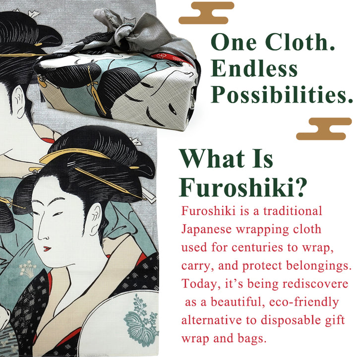 Japanese Furoshiki Wrapping Cloth – Kansei Three Beauties Ukiyo-e Design, Organic Cotton, 27.6 x 27.6 in