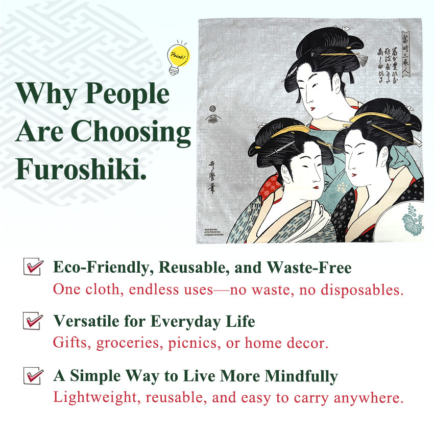 Japanese Furoshiki Wrapping Cloth – Kansei Three Beauties Ukiyo-e Design, Organic Cotton, 27.6 x 27.6 in