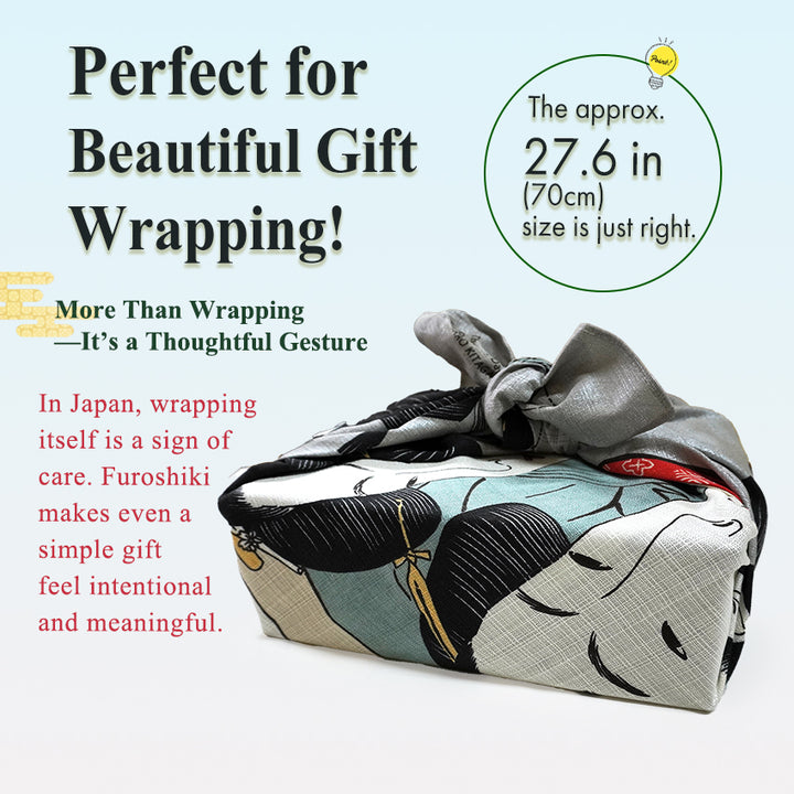 Japanese Furoshiki Wrapping Cloth – Kansei Three Beauties Ukiyo-e Design, Organic Cotton, 27.6 x 27.6 in