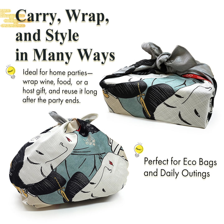 Japanese Furoshiki Wrapping Cloth – Kansei Three Beauties Ukiyo-e Design, Organic Cotton, 27.6 x 27.6 in