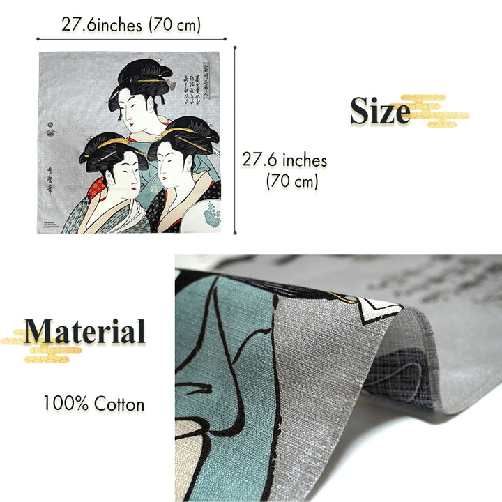 Japanese Furoshiki Wrapping Cloth – Kansei Three Beauties Ukiyo-e Design, Organic Cotton, 27.6 x 27.6 in