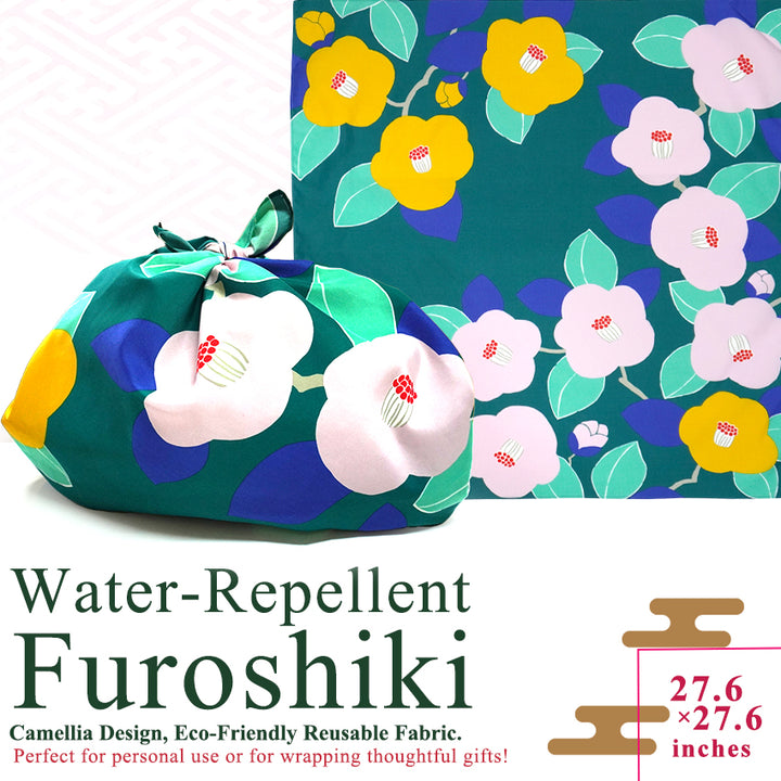 Japanese Water-Repellent Furoshiki Wrapping Cloth – Camellia Design, Eco-Friendly Reusable Fabric, 27.6 x 27.6 in