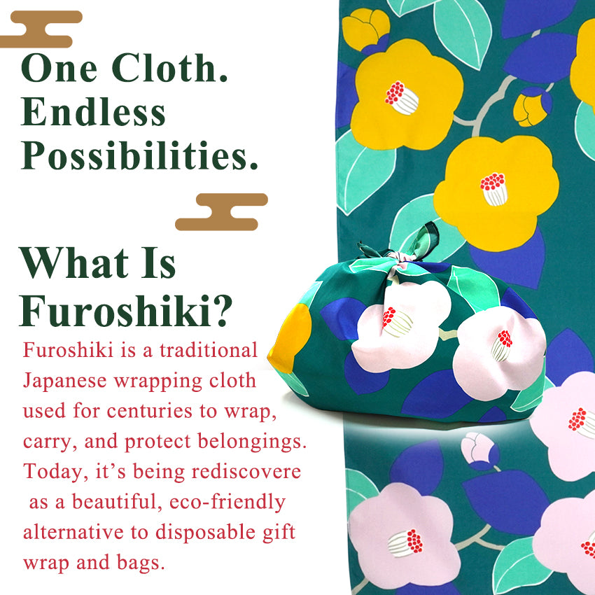 Japanese Water-Repellent Furoshiki Wrapping Cloth – Camellia Design, Eco-Friendly Reusable Fabric, 27.6 x 27.6 in