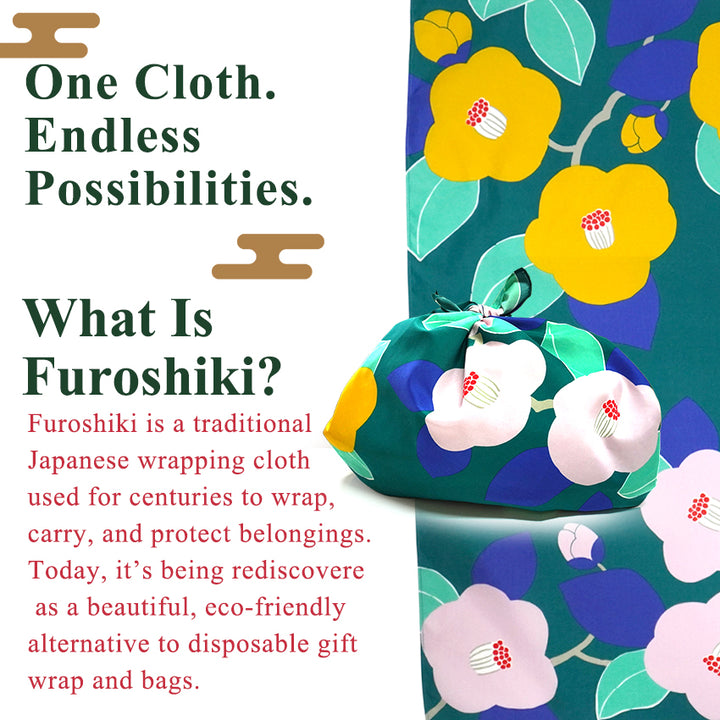Japanese Water-Repellent Furoshiki Wrapping Cloth – Camellia Design, Eco-Friendly Reusable Fabric, 27.6 x 27.6 in