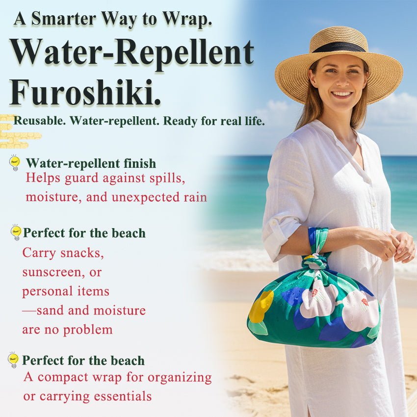 Japanese Water-Repellent Furoshiki Wrapping Cloth – Camellia Design, Eco-Friendly Reusable Fabric, 27.6 x 27.6 in