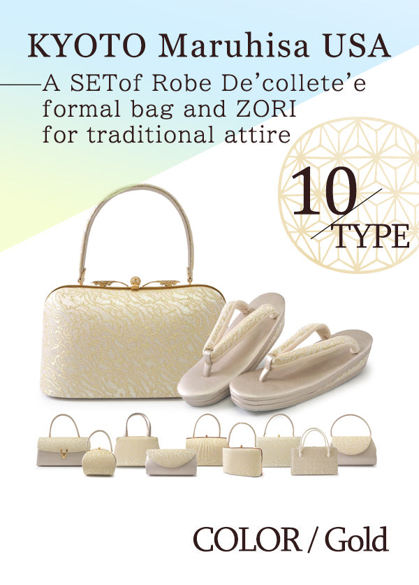 A SET of Robe De'collete'e formal ZORI（sandals）for traditional attire and a bag for TEA ceremony【GOLD】