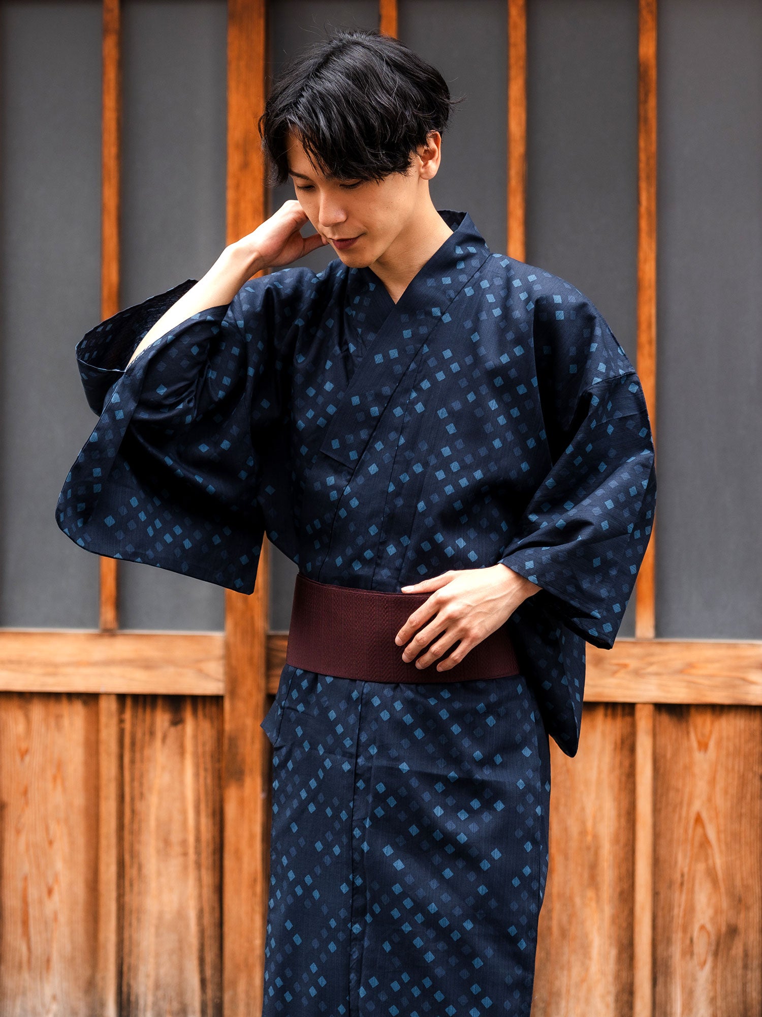Men's Cotton Yukata, Casual Kimono - Dark Blue, Square Dots