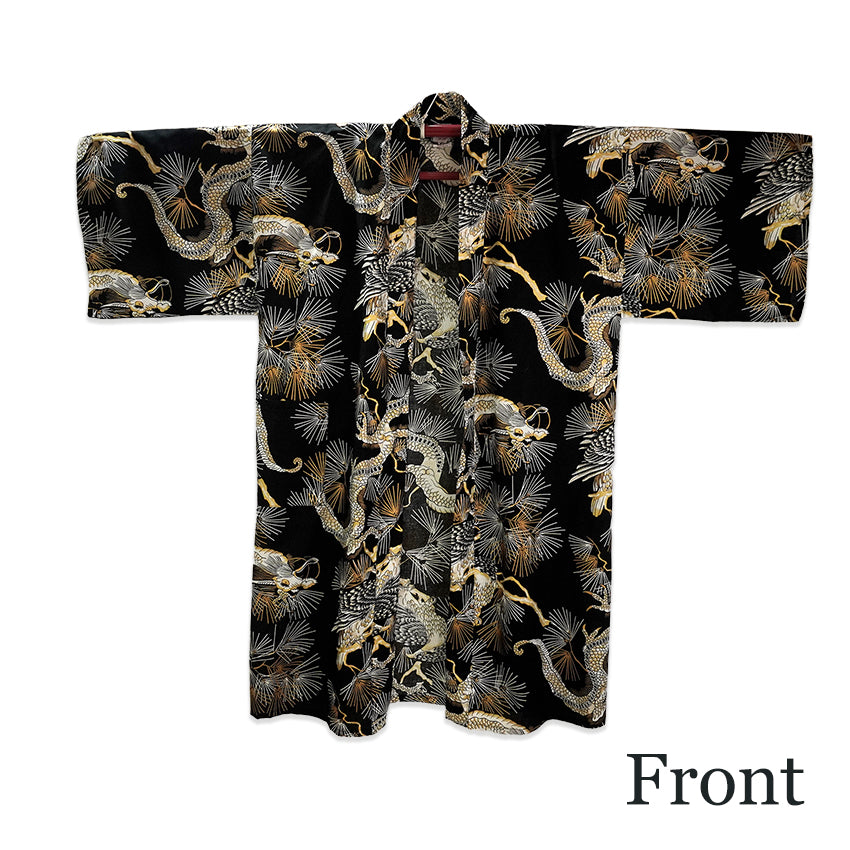 Men's Happi Coat: Kimono Robe -Black base, – Pine Needles, Dragons & Hawks