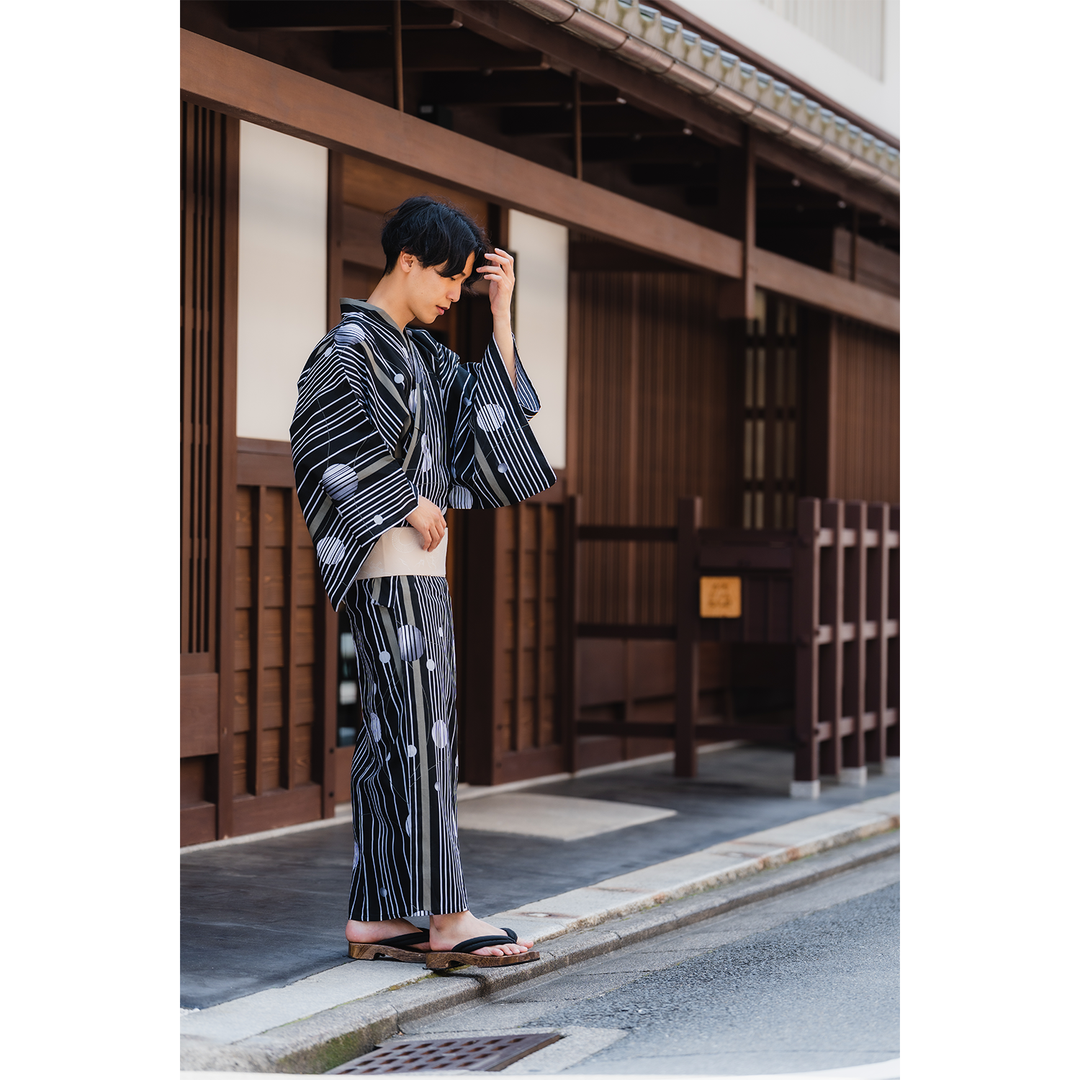 Men's Wooden Geta Sandals : White checked pattern