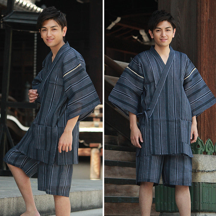 Men’s Cool & Comfortable Jinbei, Black Base with Subtle White & Blue Stripes – Lightweight Cotton ＆Linen Summer Loungewear, Sleepwear