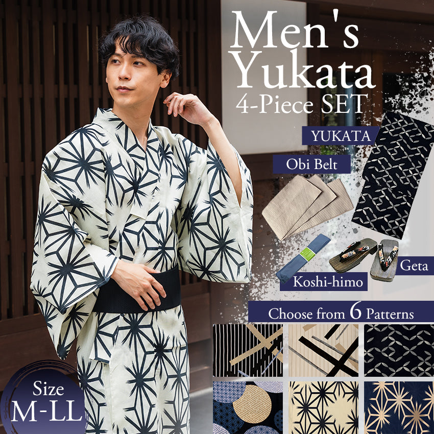 Men's Yukata 4-Piece Set – Yukata, Obi Belt, Geta Sandals & Waist Tie | Choose from 6 Traditional Japanese Patterns, Circle, Geometric, Hemp Leaf (Asanoha),  Seven Treasures (Shippo)